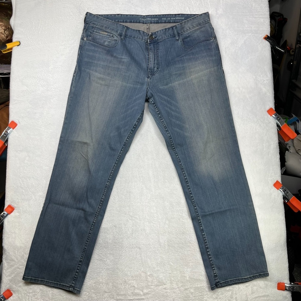 Calvin Klein Slim Straight Leg Jeans Men's Blue Denim Stretch Mid Rise - 41X32